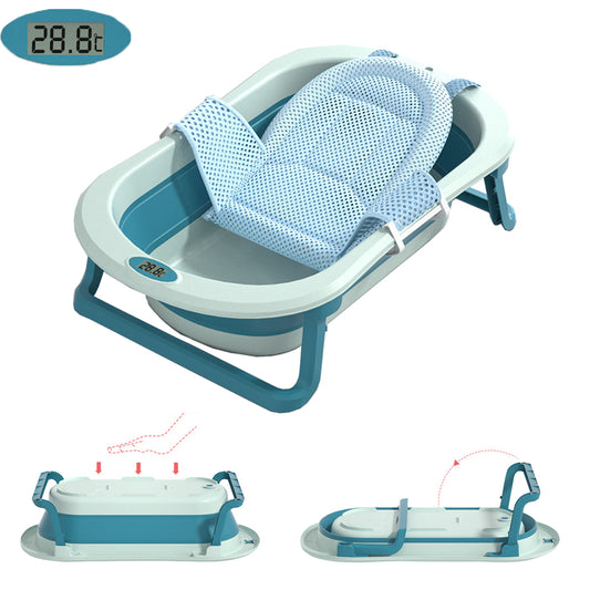 Collapsible Baby Bath Tub with Cushion & Thermometer for Infants to Toddler, Blue