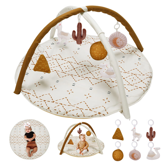 Baby Play Mat with 6 Featured Toys, Neutral Color Newborn Infant Activity Play Gym