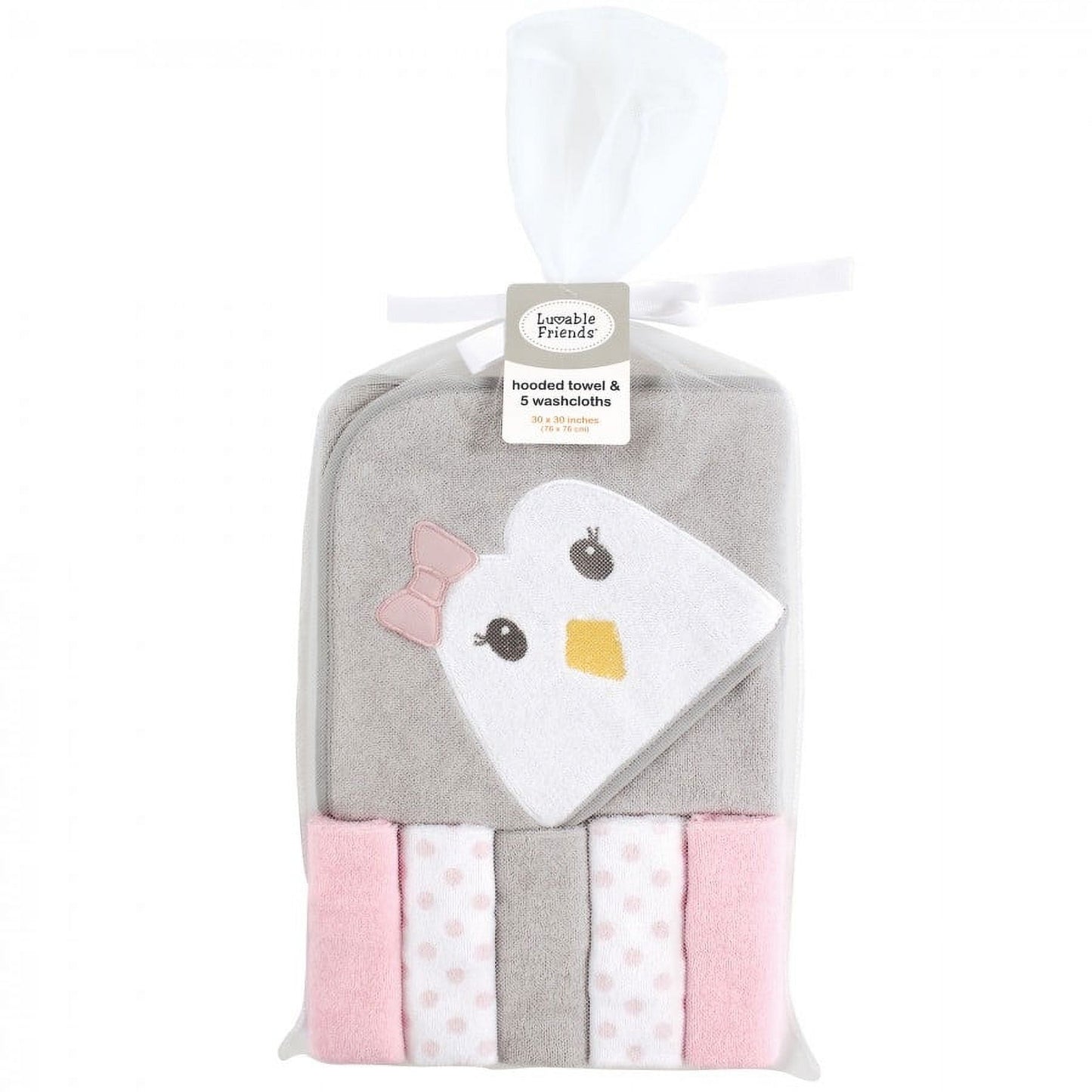 Luvable Friends Baby Girl Hooded Towel with Five Washcloths, Penguin, One Size